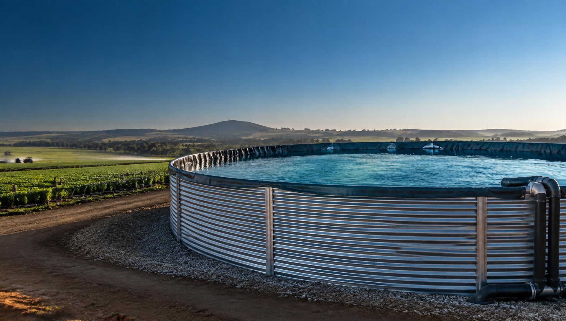 Large galvanised steel HYDROFLEX water storage dam on a South African farm